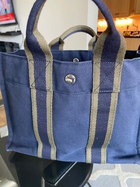Hermes Navy Canvas Tote with Olive Stripe Handles